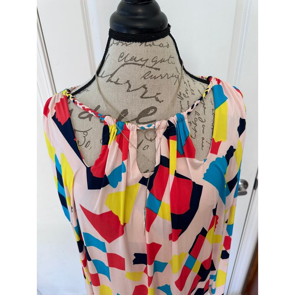 T-Bags Los Angeles Shift Dress Sz M Multicolor Tied Neck Resortwear Beachwear - Picture 2 of 7